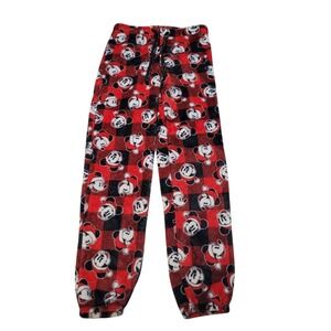 Disney Mickey Mouse Plaid Fleece Fuzzy Pajama Pants Size S Red Black Santa‎ Hat
